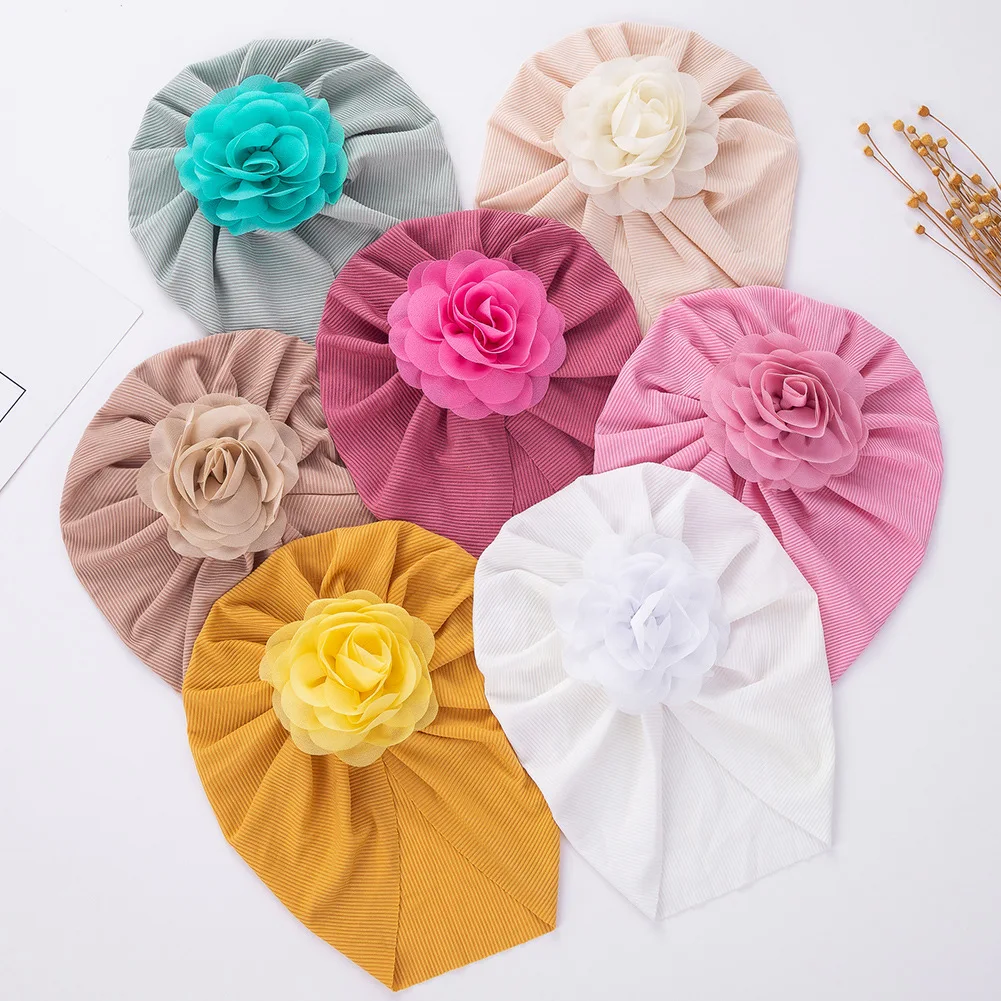 

Cute Baby Girls Chiffon Flower Turban Caps Infant Beanie Caps Cotton Newborn Ribbed Bow Headband Kid Head Wraps Toddler Headwear