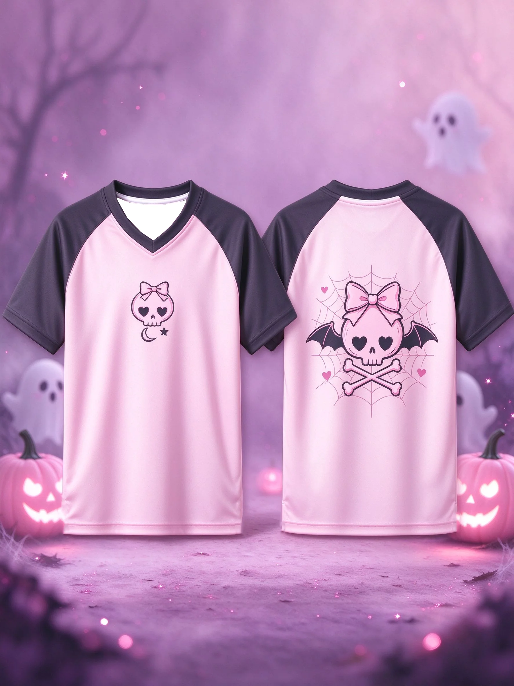 Cute Spooky Halloween V-Neck Jersey, Pink Black Short Sleeve Soccer TShirt Men Women Halloween Party Costume Top