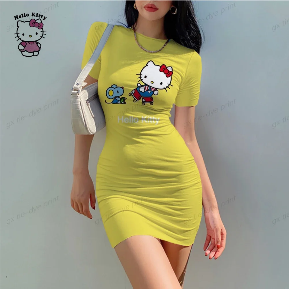 New round neck short sleeved Hello Kitty tight mini skirt sexy short skirt elegant chest slim fit pleated dress for women