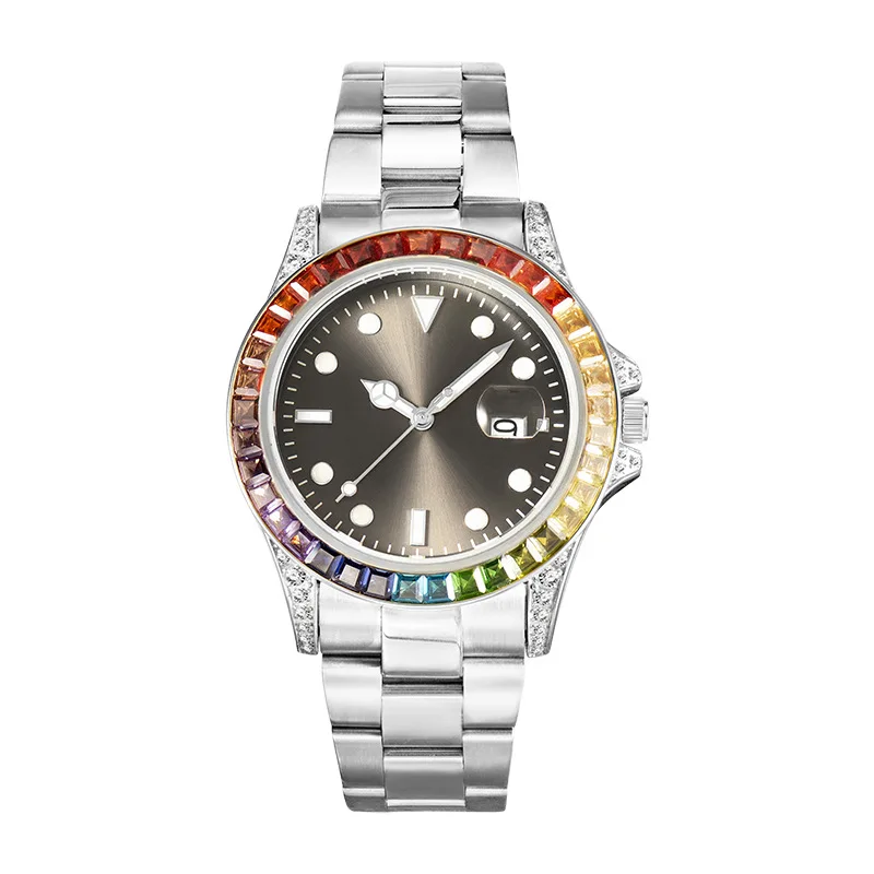 Official brand free shippingFashion High-End Rhinestone-Encrusted Colorful Crystals Stainless Steel LuminousMen's Watch