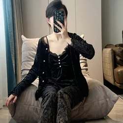 Women's Pajamas Autumn Winter New Gold Velvet Sleepwear Long-sleeved Trousers Three Piece Set Sexy Warm Home Service Sleep Suit