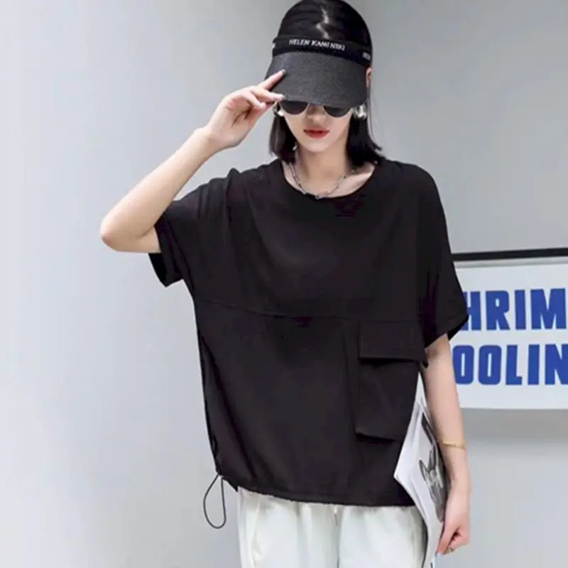 Fashion Drawstring T Shirts Women Loose Drape Design O-neck T-shirt Casual Pocket Short Sleeve Oversized Top Summer Trend Tshirt