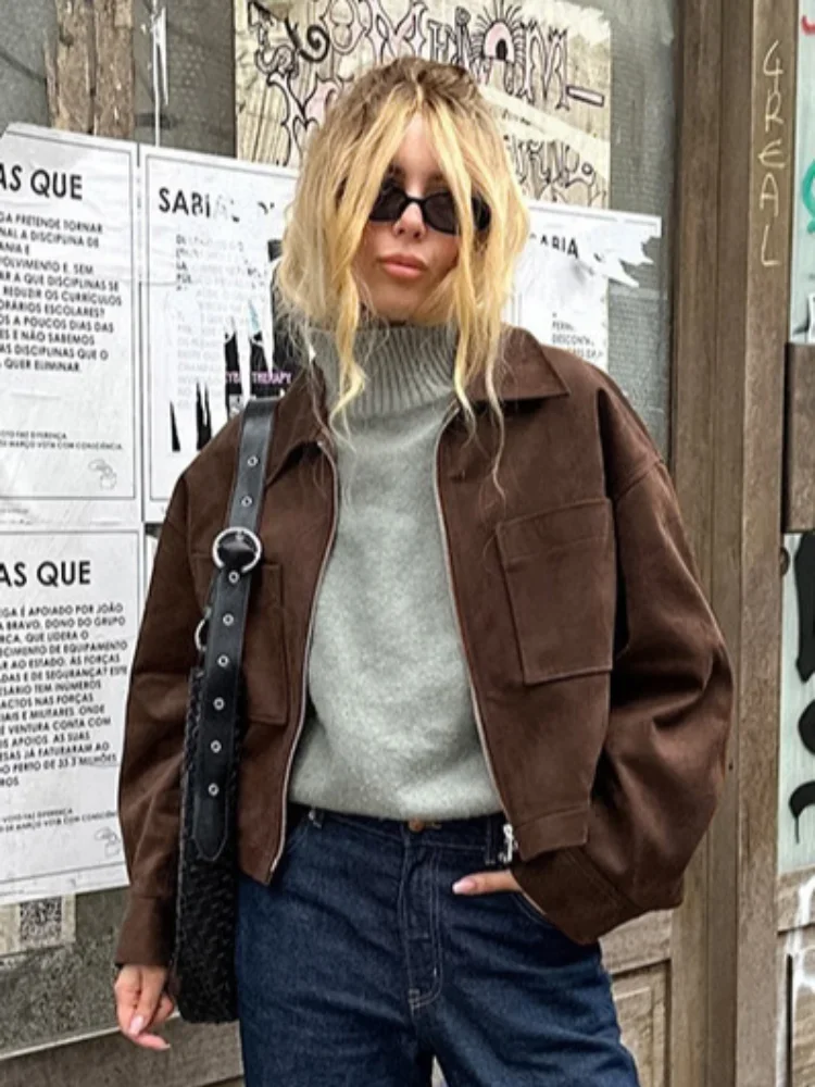 Lady Brown Lapel Collar Faux Suede Cropped Jacket Pocket Drop Shoulder Long Sleeve Loose Retro Shacket Streetwear Outerwear New