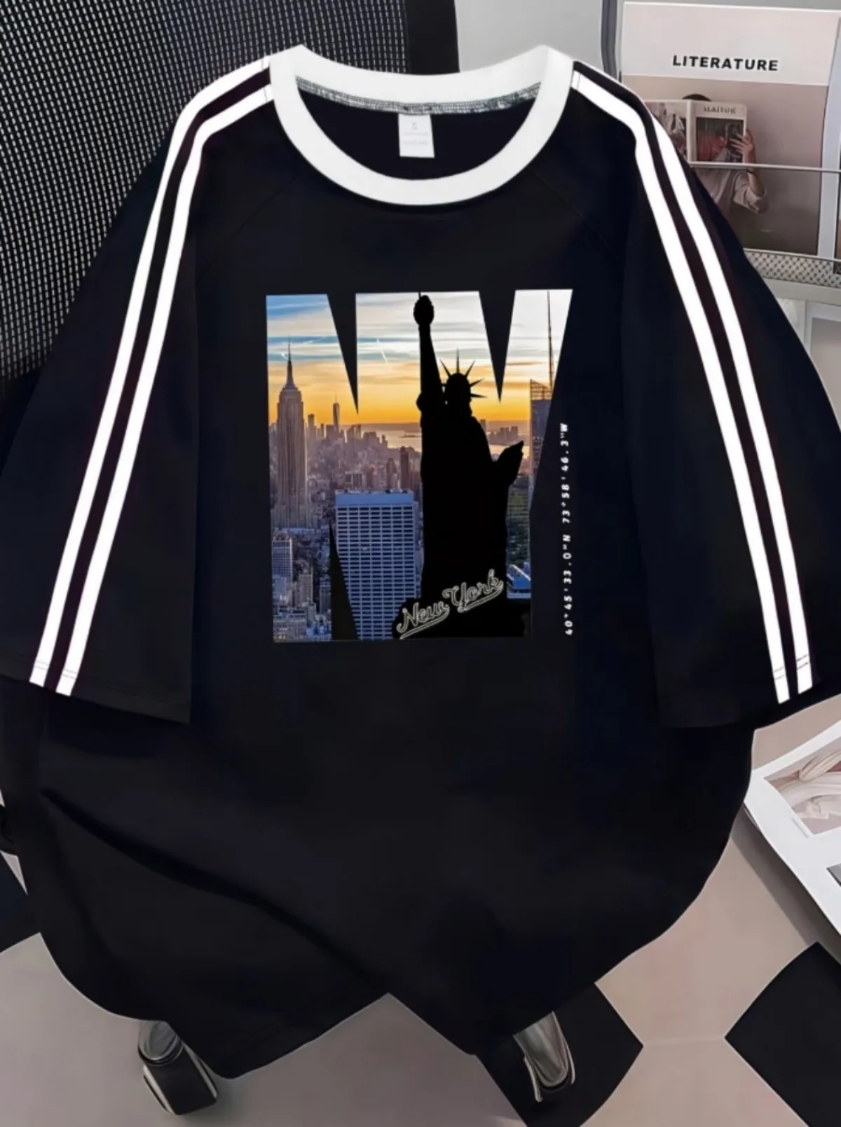 American men's summer New York Statue of Liberty landscape print soft and breathable round neck T-shirt outdoor street top