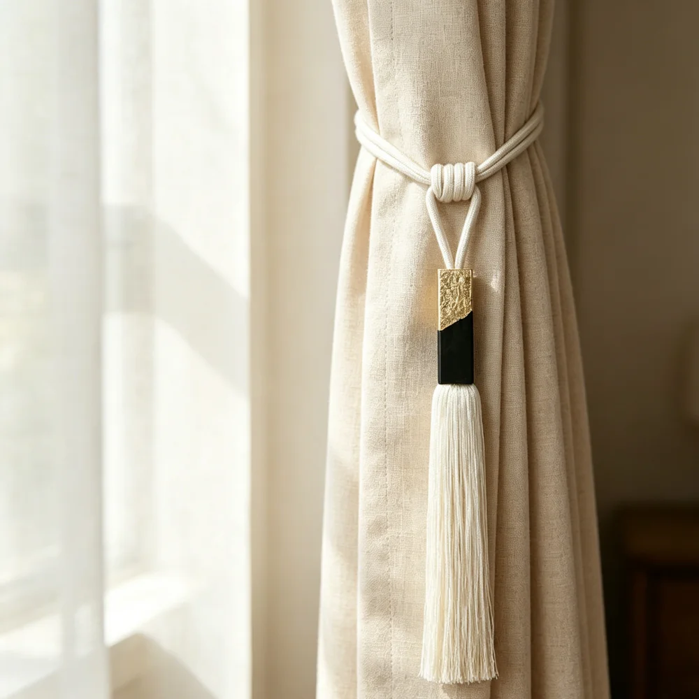 Elegant Minimalist Curtain Tiebacks with Tassel | Luxury Braided Rope & Gold Black Accent Modern Home Window Decor