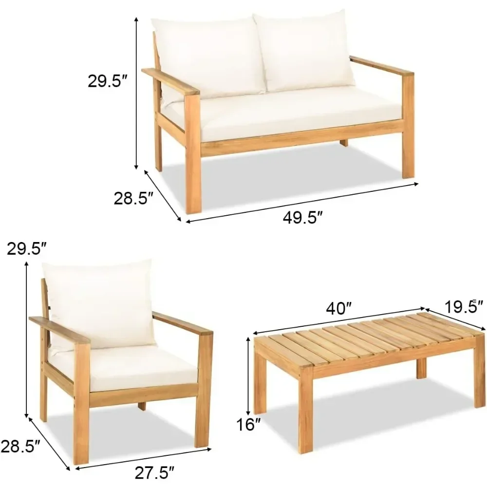 Juego de mesa y sofá de conversación de madera de Acacia para exteriores, 4 asientos, cojines resistentes al agua, 4 piezas