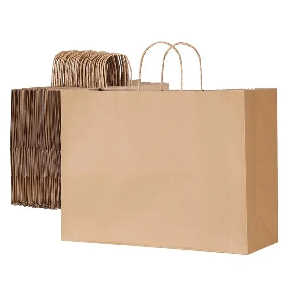 Bolsa de papel Kraft con asas, 100 Uds., 16x6x12 pulgadas, bolsa de compras para fiestas, venta al por menor, marrón