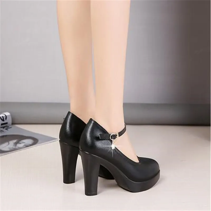 high heels platform pumps women 2023 spring new fashion buckle solid black shoes woman PU leather waterproof shoes femme