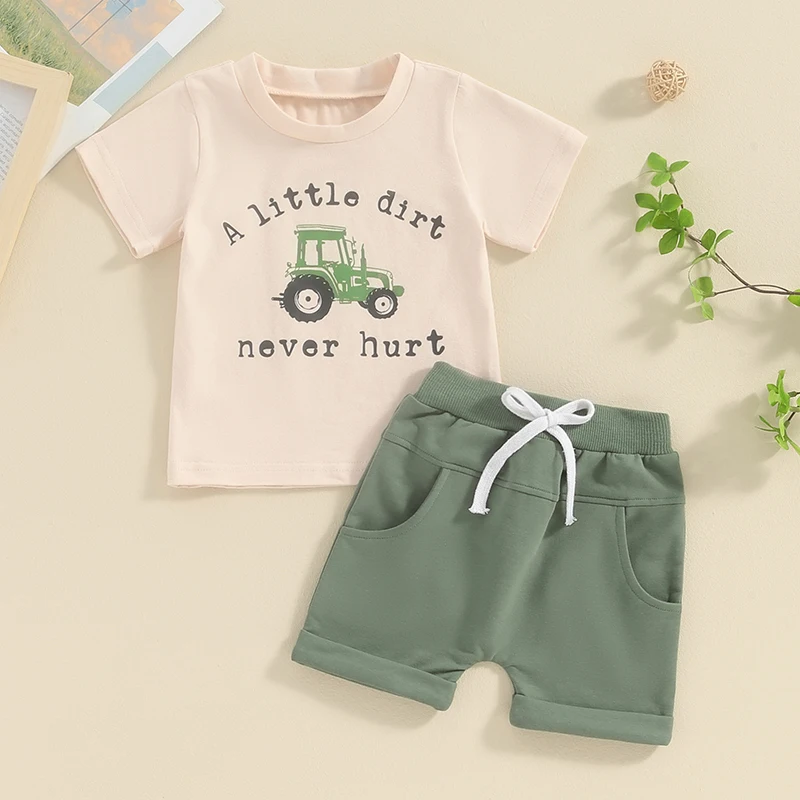 

Toddler Boy Shorts Set Letter Tractor Print Short Sleeve Round Neck T-Shirt with Solid Shorts 2Pcs Outfit