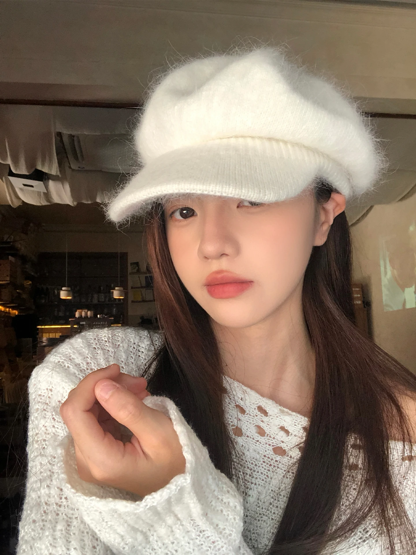 Warm Faux Rabbit Fur Knitted Beret Hat Women's Autumn Winter Fashion Small Duckbill Cap round Top Eight Corner Hat Korean Style