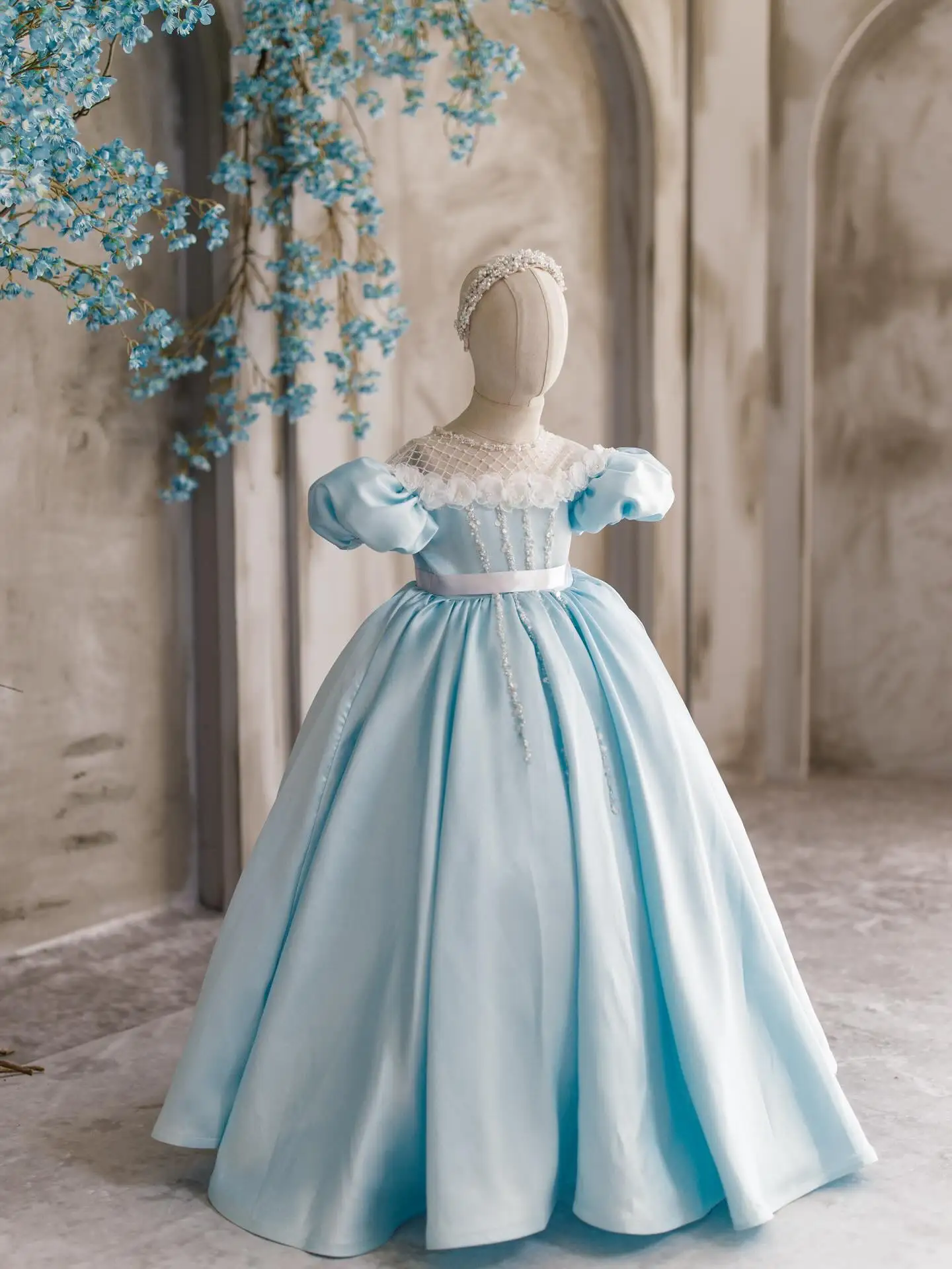 Sky Blue Flower Girl Dress for Wedding Beading Floral Kids Children Birthday Party Gowns First Communion Dress