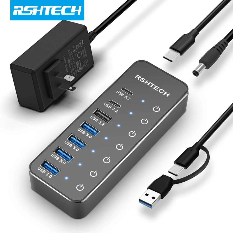 

RSHTECH Powered USB Hub 3.2 USB C Splitter 10Gbps Data Hub with Individual Touch On/Off Switches USB Extension for MacBook Mac
