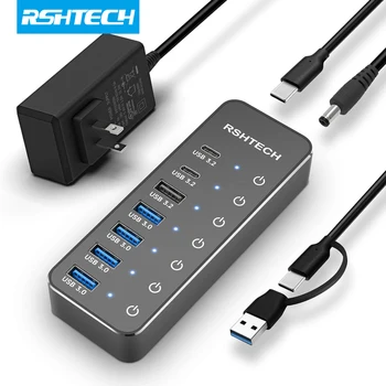 RSHTECH USB 3.2 허브 USB C 분배기 전원 10Gbps 데이터 허브(개별 터치 켜기/끄기 스위치 포함) MacBook Mac용 USB 확장