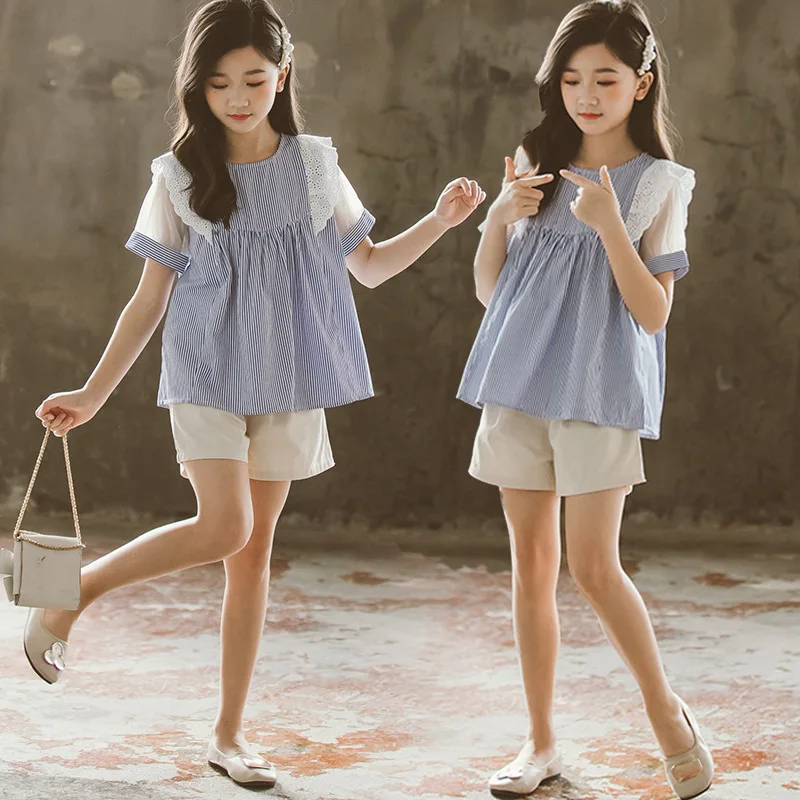 2026 summer Teens Girls Clothes Kids striped Ruffle lace mesh Top blouse t shirt + Leisure shorts Pants 4 6 7 9 10 11 12 14 Year