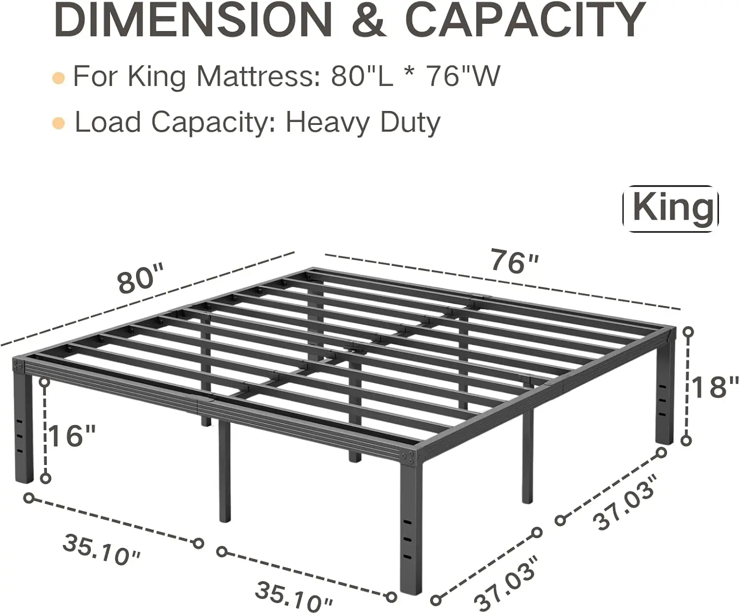 18 Inch Tall Metal Platform King Size Bed Frames with Maximum Storage, Anti-Slip Strengthen Support Mattress Foundation, Noise