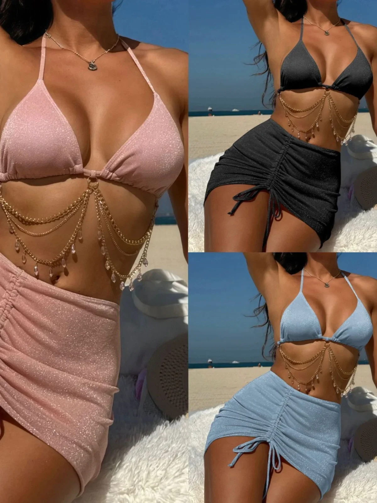 

Sexy Dstring Strap Diamond Hanging Chain Tee Piece Swimsuit Bikini Bikini Women's Swimwear with Chest Pad