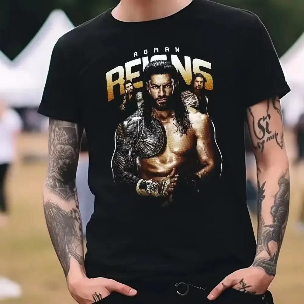 Casual Sports Short Sleeve Men's Summer Cotton Print Running Fitness Ball Roman Reigns Wrestling T-Shirt Black WWE Men Clothing