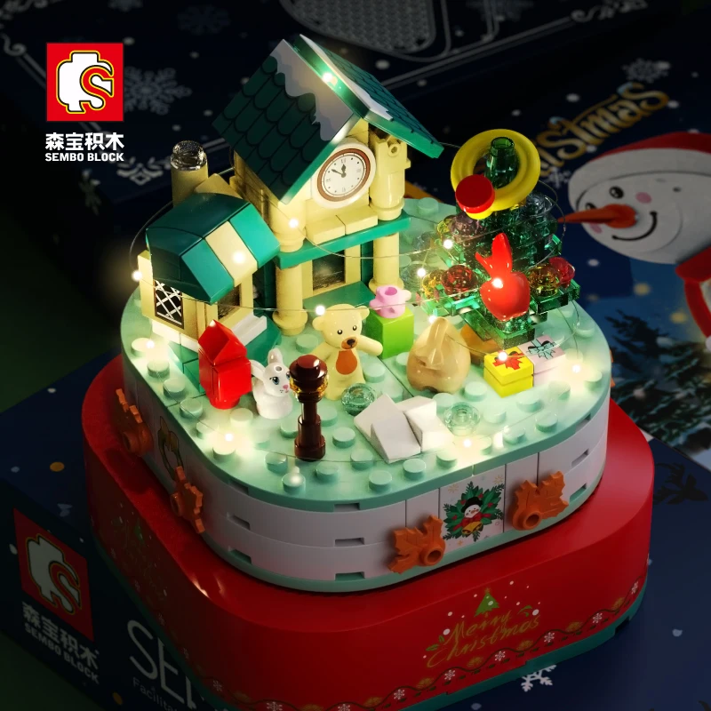 SEMBO-caja de música de Navidad, bloques de construcción, ciudad, casa de nieve, Papá Noel, decoración de Navidad, ensamblaje de ladrillos, Juguetes DIY para niños, regalo