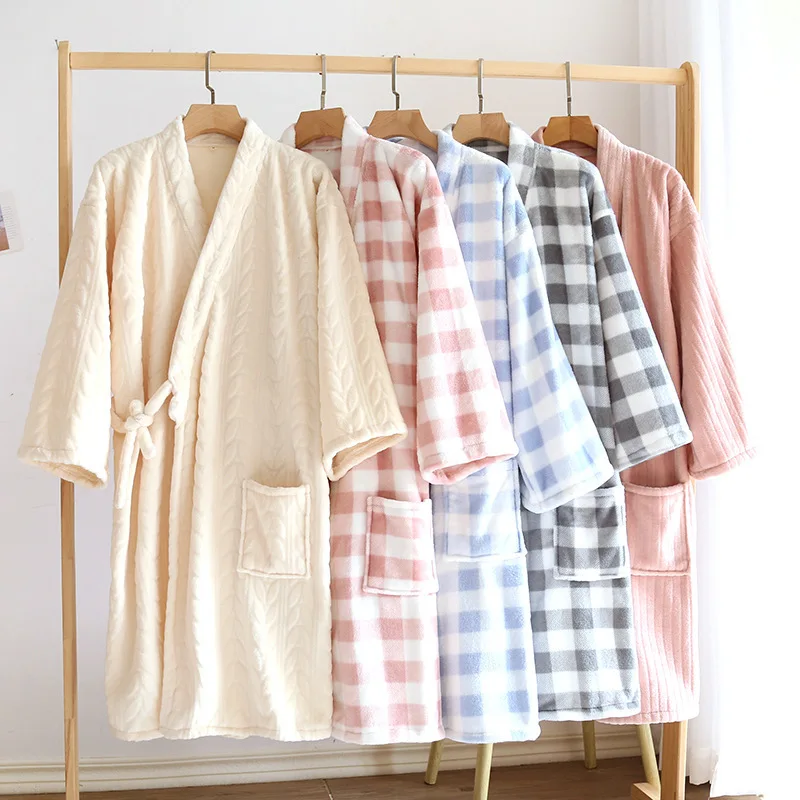 

Autumn Winter Ladies Flannel Kimono Nightgown Thickened Fleece Coral Fleece Extended Bathrobe Pajamas
