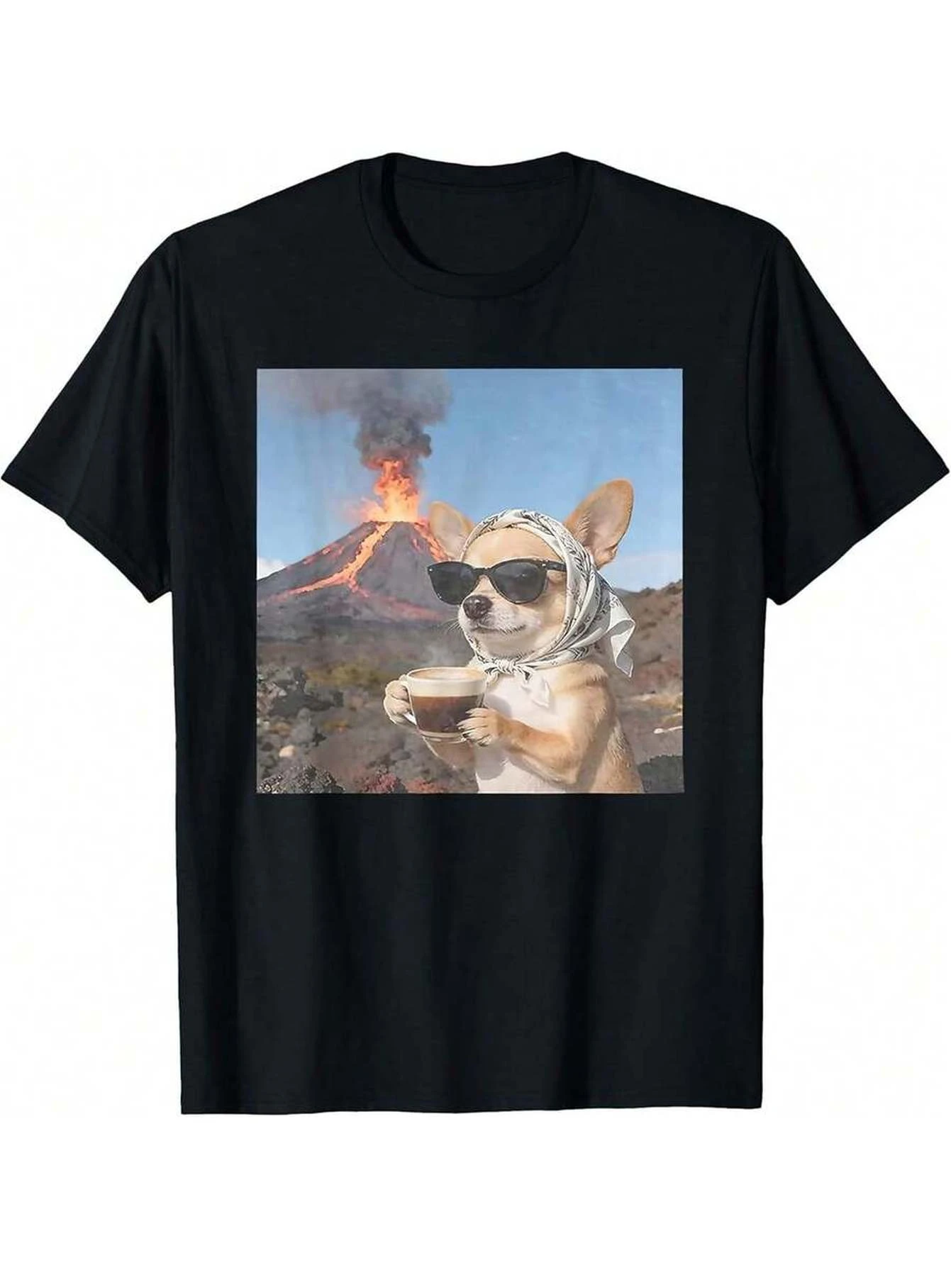 Funny Chihuahua Drinking Coffee  Volcano Eruption Graphic T-Shirt Casual, Loose-Fit Unisex Streetwear T-Shirt  graphic t shirts