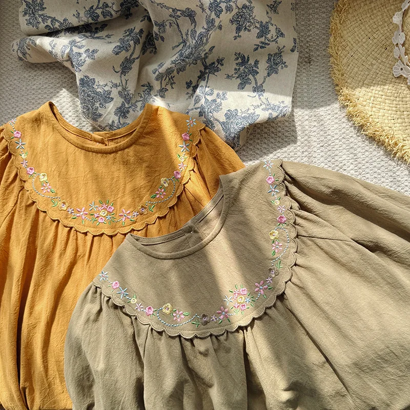 

French retro floral embroidered girls' dress2025Autumn Style Children's Fashionable Cotton Long Sleeve Dress