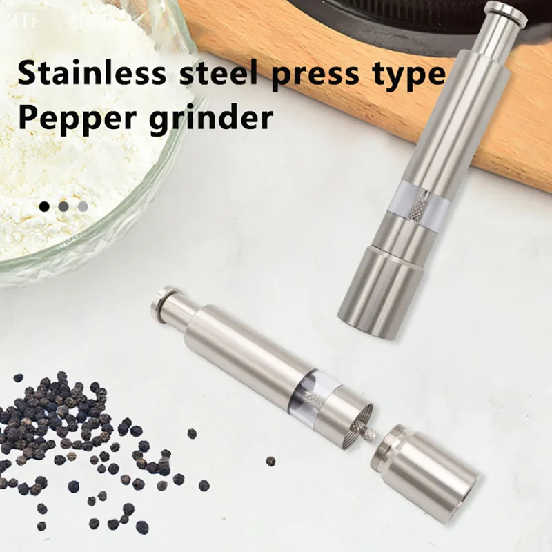 Stainless Steel Manual Spice Pepper Coarse Salt Mini Grinder, Press Type Grinder, Freshly Ground Seasoning Bottle