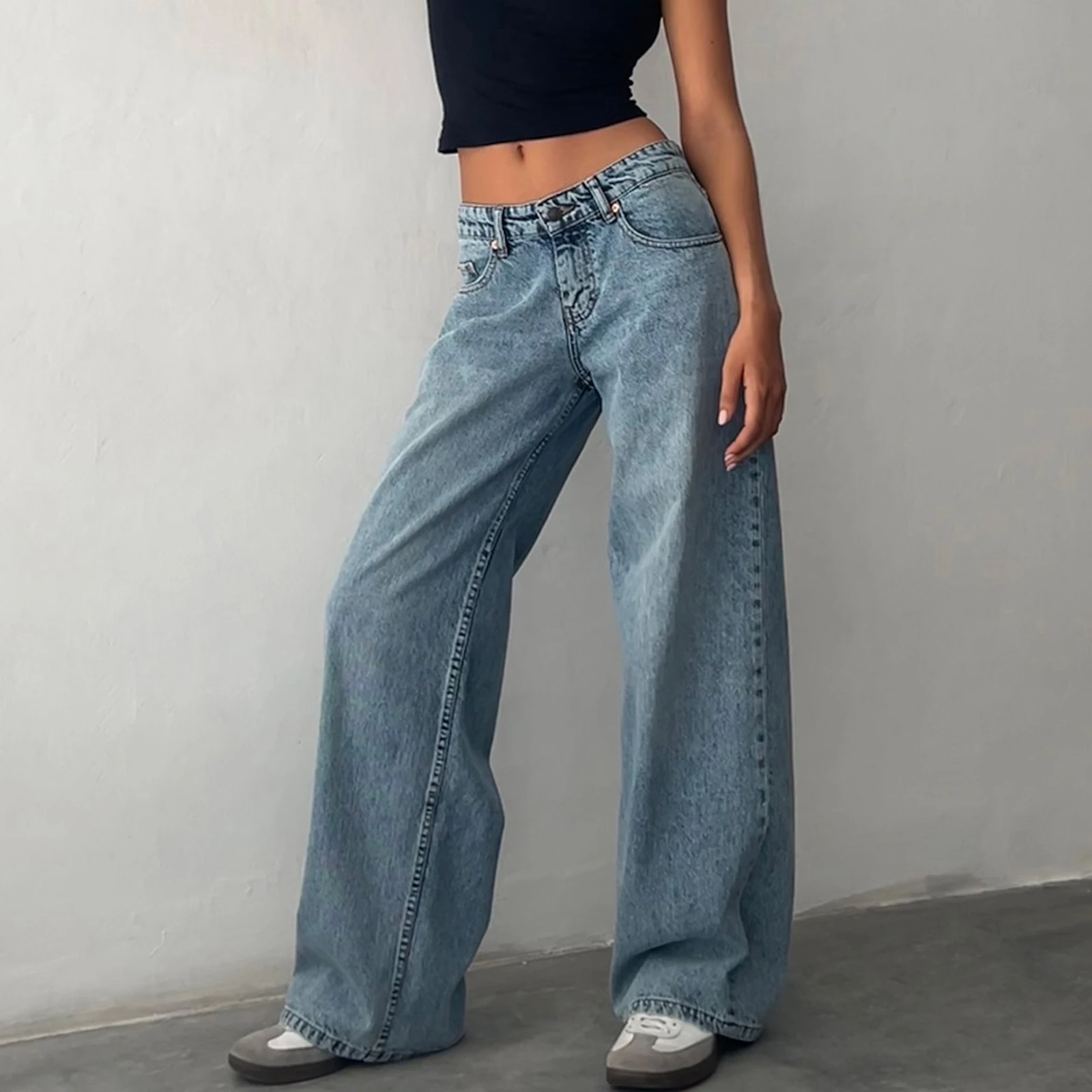 Women's Low Rise Jeans Washed Denim Pants with Multi Pockets Oversized Fit Floor Length Buttons Zipper Jeans