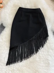 Falda corta con flecos de cintura alta para mujer, novedad de verano, estilo negro, falda elástica Irregular a la cadera, falda antideslumbrante KK1744