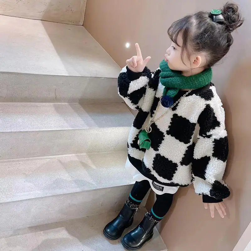 

Теплая флисовая толстовка в клетку для девочек, осенне-зимняя, с длинным рукавом, повседневный стиль, верхняя одежда, детская одежда