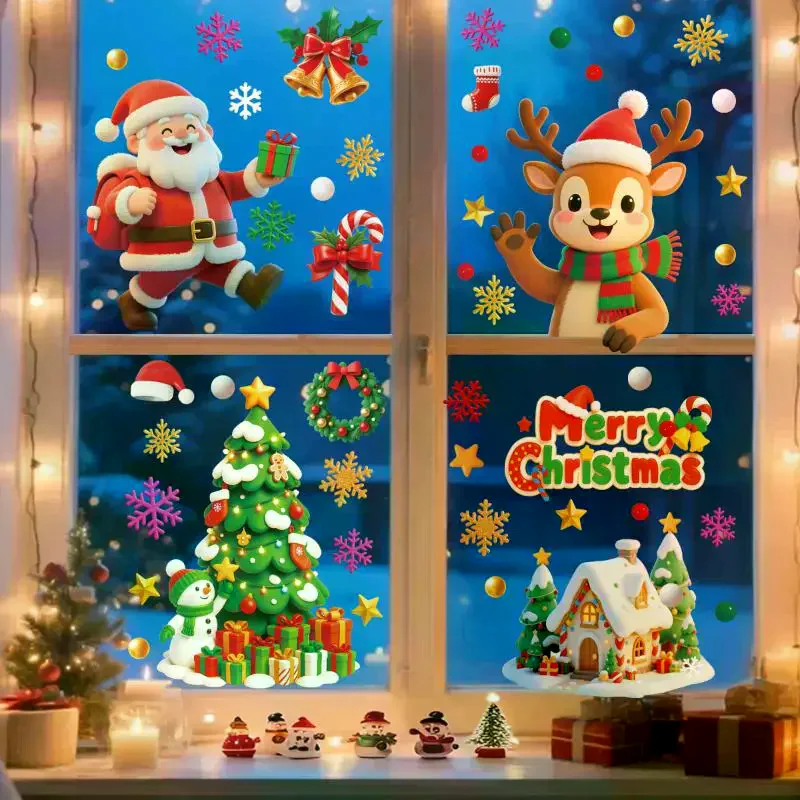 สติ๊กเกอร์ติดกระจกคริสต์มาส ลายซานต้า มนุษย์หิมะ กวางเรนเดียร์ สุขสันต์วันคริสต์มาส ลายวินเทอร์วันเดอร์แลนด์