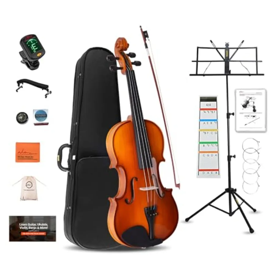 

Acoustic Violin for Beginner 4/4 Full Size Violin Set Solid Wood Yellow Brown Starter Kit with Tuner Case Shoulder Rest Bow Mus