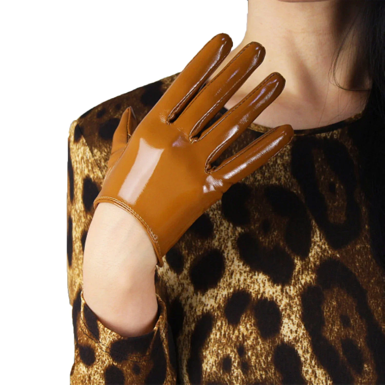 Guantes cortos de látex marrón para mujer, 16 cm, de piel sintética brillante, efecto mojado, para noche, graduación, ópera, Halloween, moda