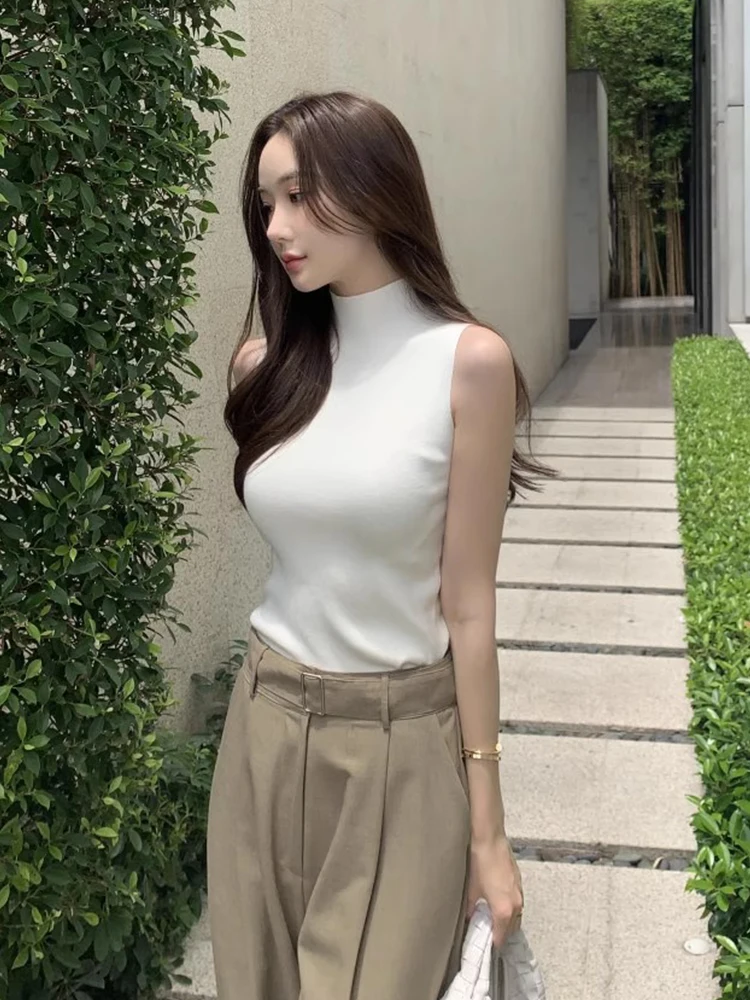 Rompi Rajut Svel Lembut Nyaman Warna Pelangsing Kerah Tinggi Sederhana Musim Panas yang Chic Wanita Faion Perjalanan Sle Korea Ve...