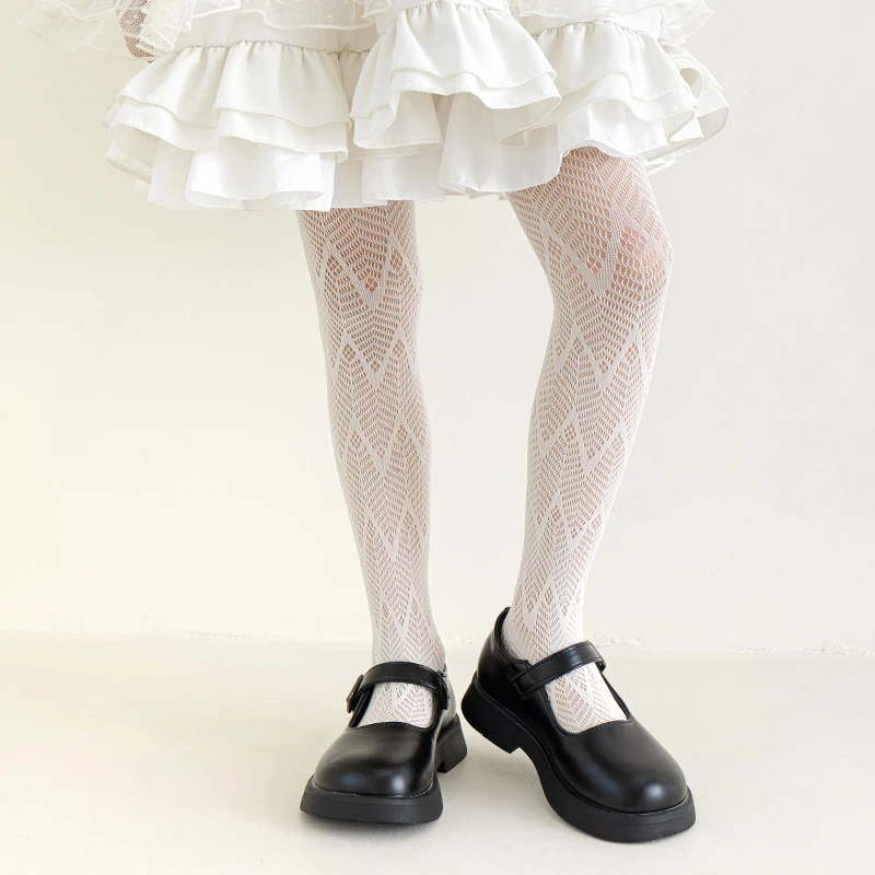 Spring And Summer Girls Solid Color Tights With Wavy Hollow Mesh Texture Thin Breathable Soft Elastic Knit Sweet Daily Pantyhose