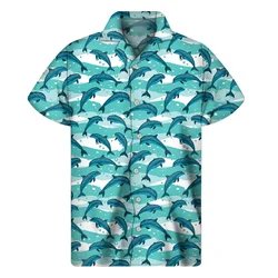 Cute Cartoon Dolphin Hawaiian Shirt For Men 3D Print Animals Shirts Harajuku Fashion Short Sleeve Tops Streetwear Button Blouse