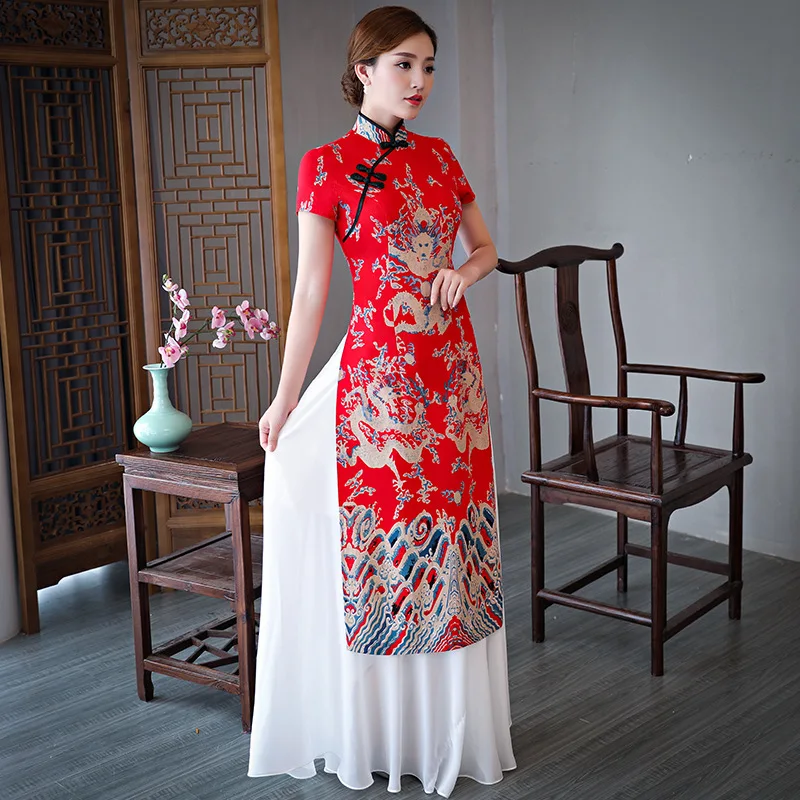 Improved Aodai Qipao Women Red Elegant Chinese Style Dresses Print Cheongsam Stage Show Costume Lady Long Vestidos Big Size 4Xl