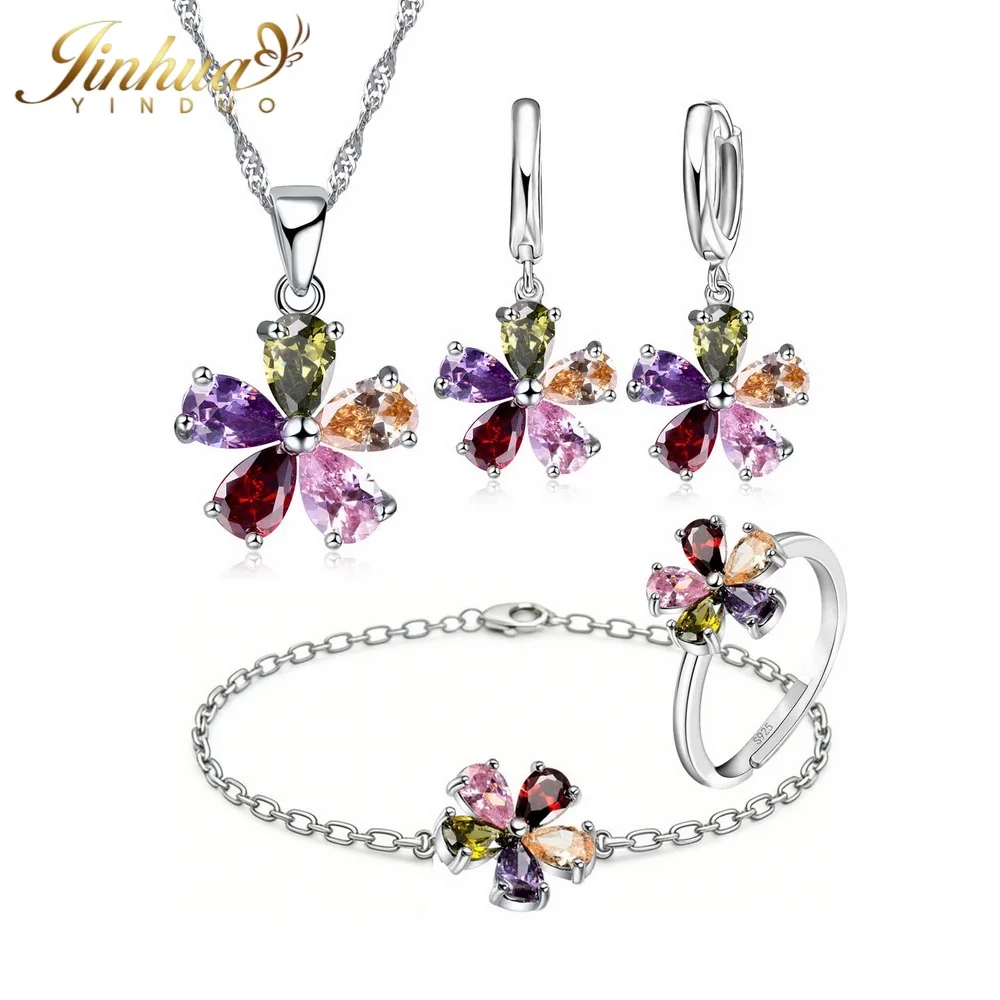 

925 Silver Colorful Crystal Flower Jewelry Set Necklace Earrings Ring Bracelet 4Pcs Multi-color Zircon Party Wedding Jewelry