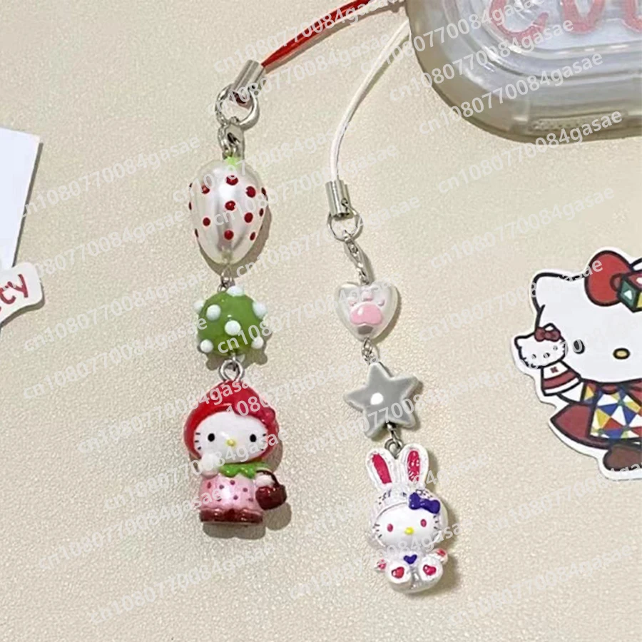 Sanrio HelloKitty Anime Beaded Phone Chain Cute and Versatile Strawberry Head Kitty Pendant Keychain Backpack Decorative Gifts