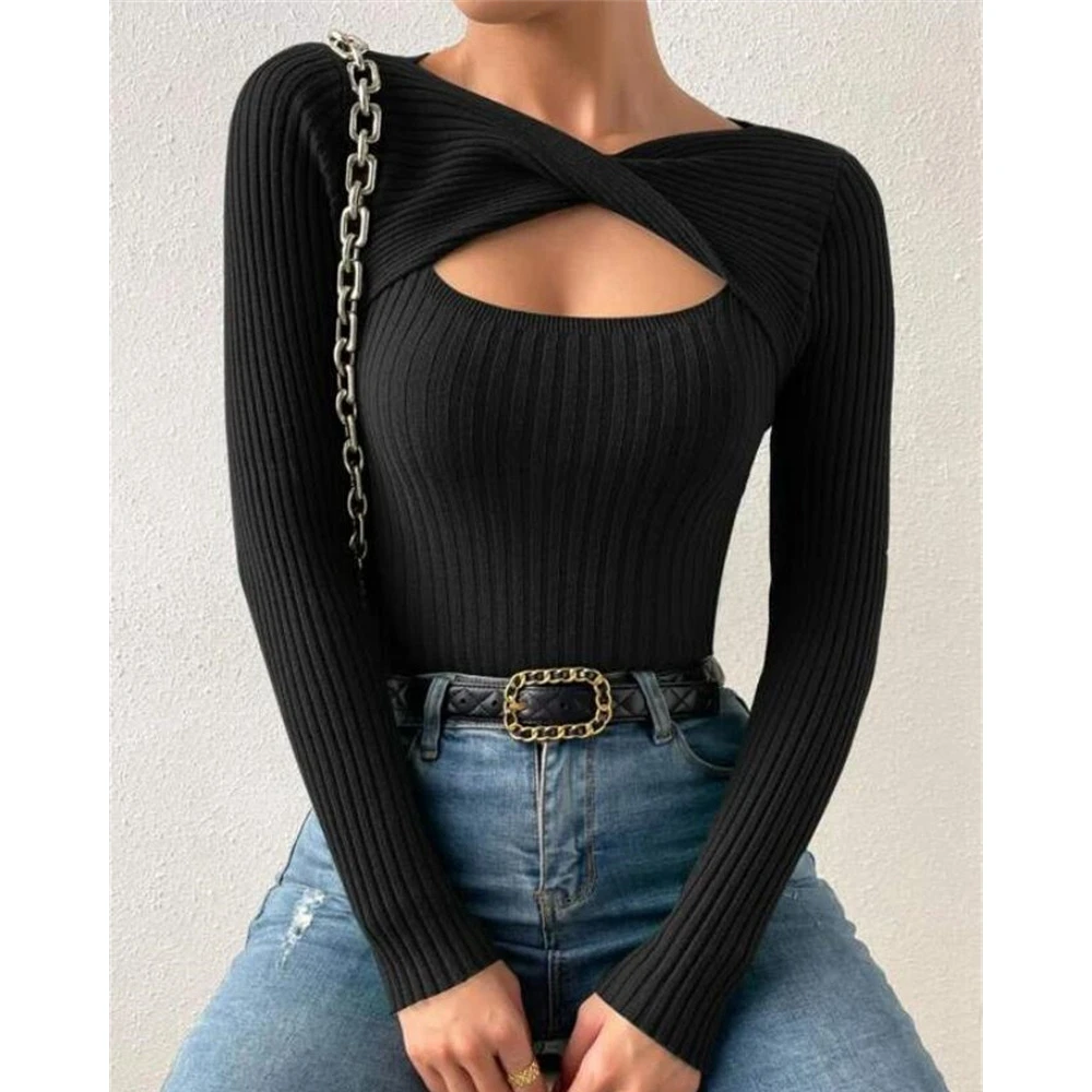 

Autumn V Neck Decor Twist Cut out Knitted Ribbed Sweater Women Fashion Long Sleeve Skinny Top Casual Outwear Korean Style