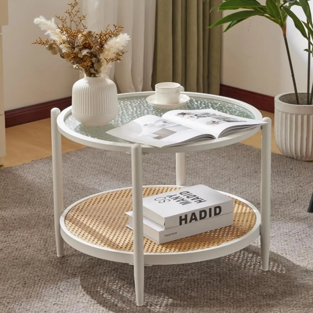 

25.6"Rattan Coffee Table,Round Water-Wave Glass Metal Center Table,Modern Coffee Table with 2-Tier Storage,Circular Coffee Table