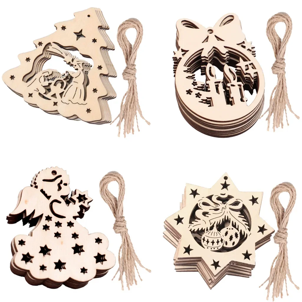 10pcs 8cm Wooden Hanging Ornaments for Christmas DIY Unfinished Wood Crafts Cutouts for Xmas Tree Hanging Ornaments Gift Tag