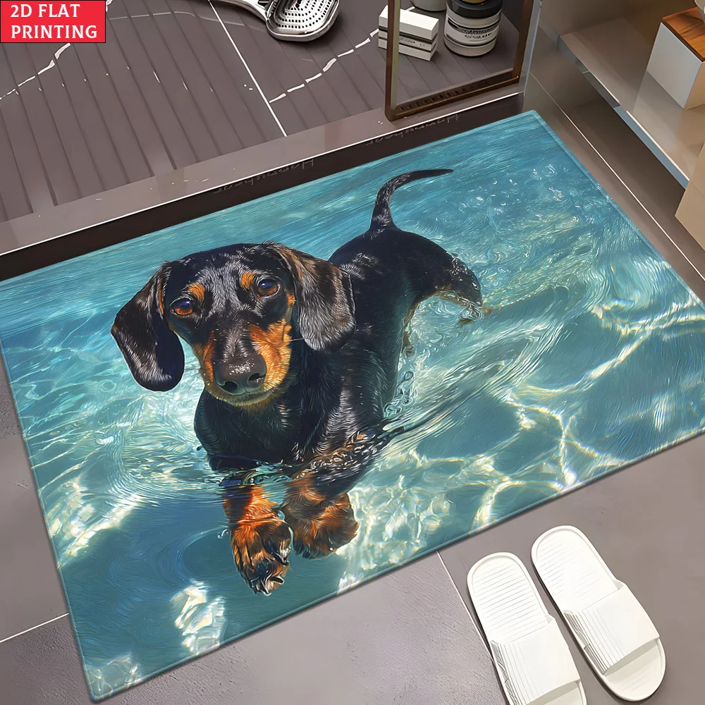 Funny Wiener Dog Paddling Area Rug Summer Water Theme Floor Mat Soft Absorbent Non-slip Doormat for Entryway Kitchen Home