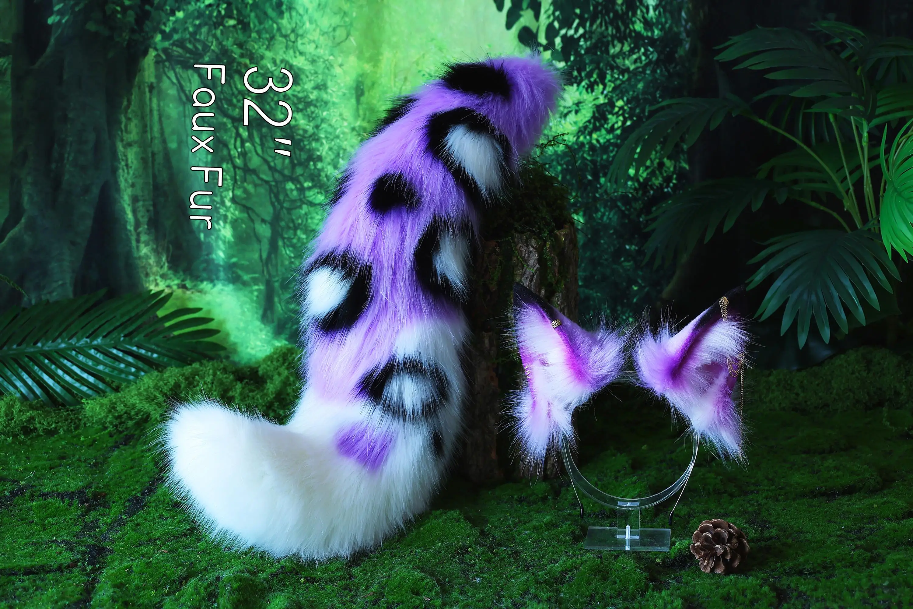 Faux fur fox ears and tail, curved wolf tail and ears, cat tail and ears, kitten ears and tail, anime character cosplay.