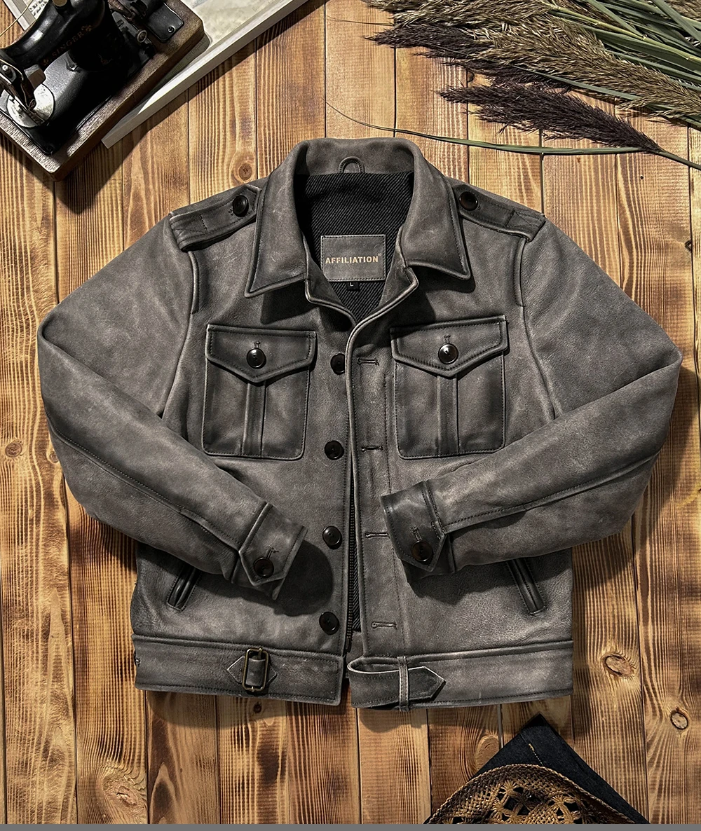 Vintage Grey Autumn Leather Jacket Men Retro Style Plus Size 5XL Genuine Natural Cowhide Short P37 Leather Coat