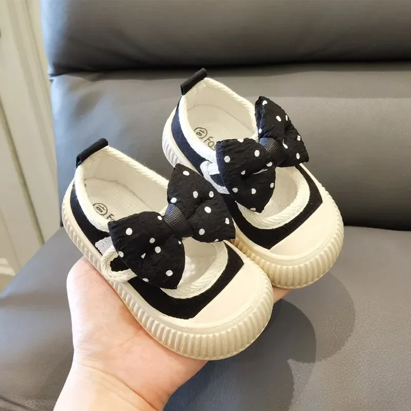 Chaussures en toile avec nœud à pois pour filles, chaussures décontractées pour enfants, semelle souple peu profonde, chaussures de princesse pour tout-petits, baskets plates pour écolières, mode