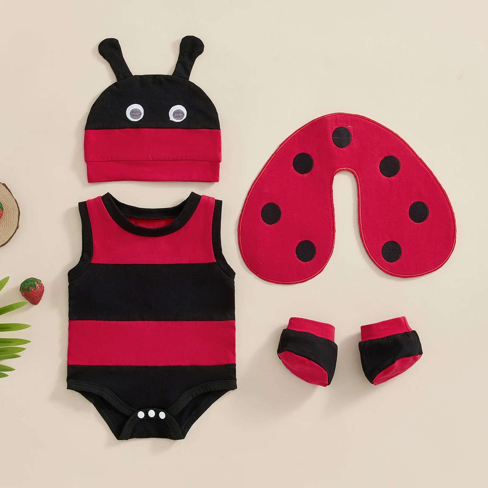 4-Piece Baby Ladybug Costume Set Cute Sleevesless Romper Wing Hat Socks Cosplay Clothes Baby Photographic Props Bodysuit