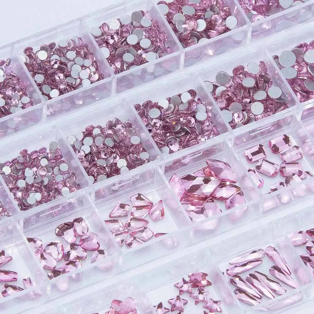 2Boxes(24grids) 3D Sakura Pink Nail Art Rhinestones Multi Shapes Flatback Diamonds Nail Charms DIY Crafts Clothes Makeup Decor
