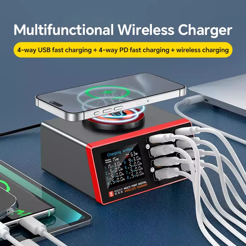 YCS S500/S550/S600 شاحن USB متعدد 8 منافذ مع شحن لاسلكي مغناطيسي 15 وات محطة PD 100WQC للهواتف أدوات شحن سريع
