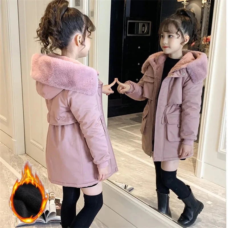 

Girls Winter Cotton Coats Children Plus Velvet Casual Jackets Solid Colour Overcoat Kids Hooded Outerwear Warm Thicken Clothing