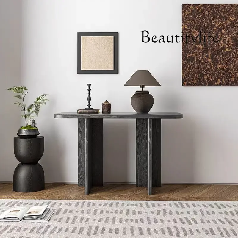 X36 Nordic Medieval Wabi-sabi Wind Carbonized Log Porch Table Against The Wall Ultra-narrow Porch Table Decoration